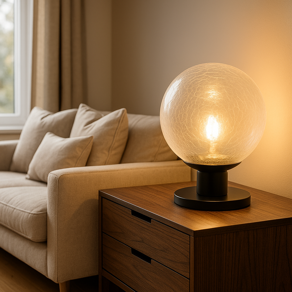 Glaskugel-Tischlampe mit warmweißem Licht – modern und elegant